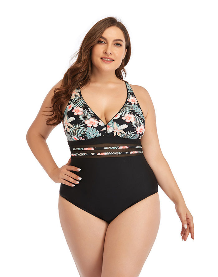 Pink Flower V-Neck Tie One-Piece Swimsuit