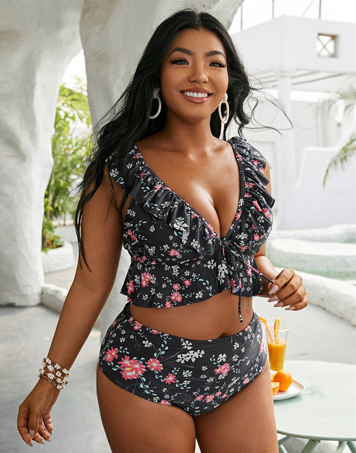 simiswim - Black High Waist Ruffle Bikini Set