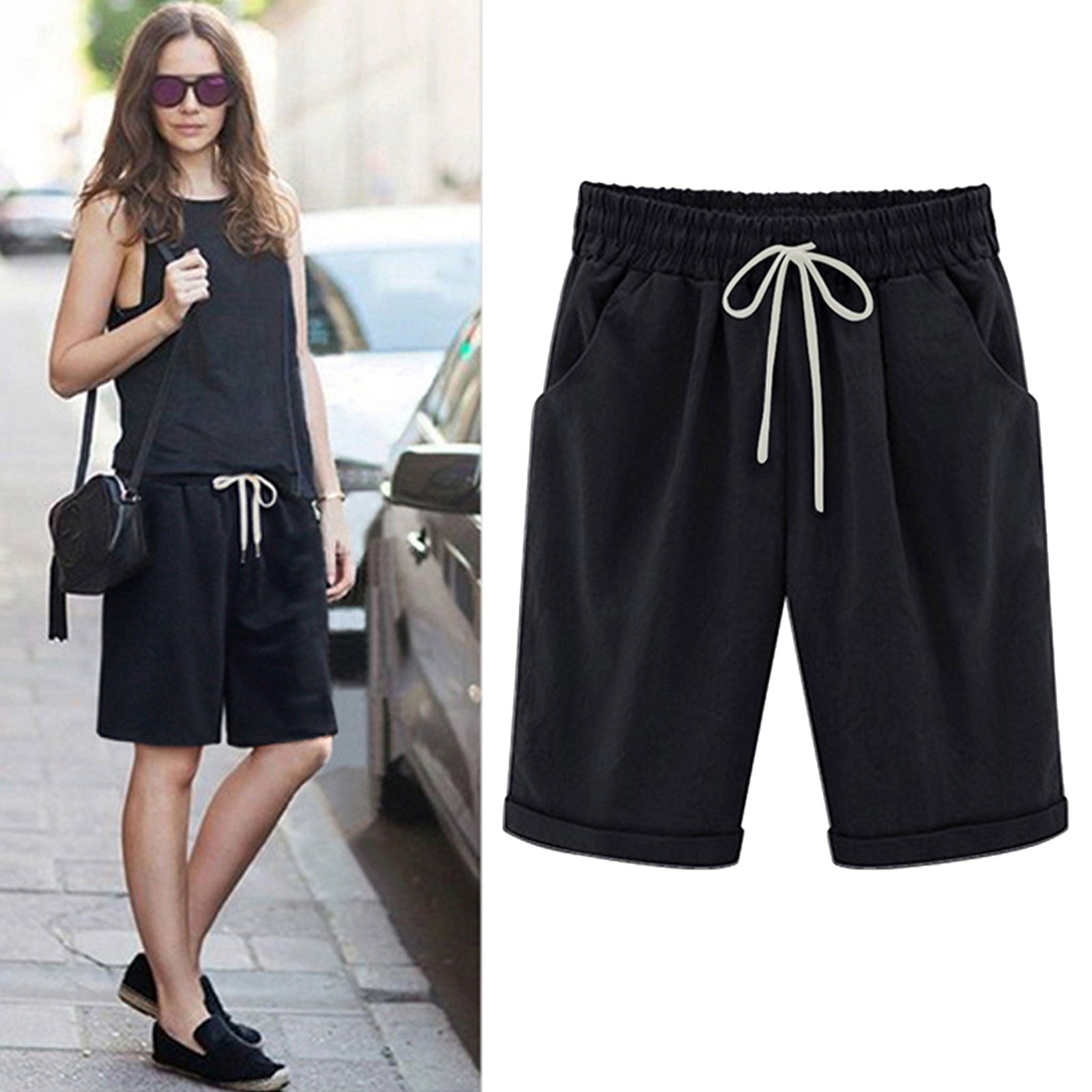 simiswim - Women's Elastic Waist Knee Length Casual Cotton Bermuda Shorts with Drawstring