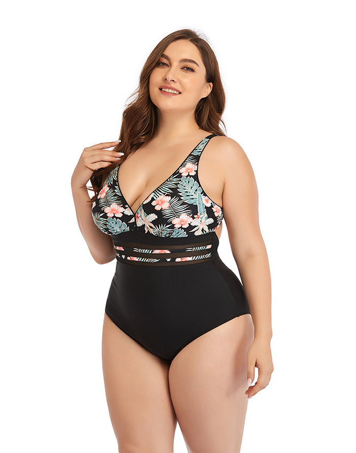 Pink Flower V-Neck Tie One-Piece Swimsuit