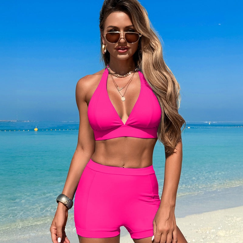simiswim - Women's Bikini Sets Trim 2 Piece High Waisted Swimsuit Halter V Neck Adjustable Drawstring Straps Bathing Suit with Boyshort
