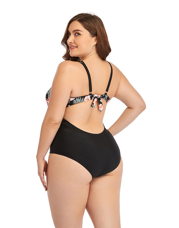 Pink Flower V-Neck Tie One-Piece Swimsuit