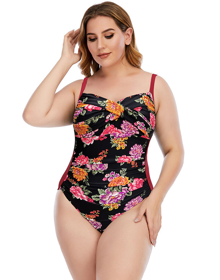 Red High Neckline Floral One-Piece Swimsuit