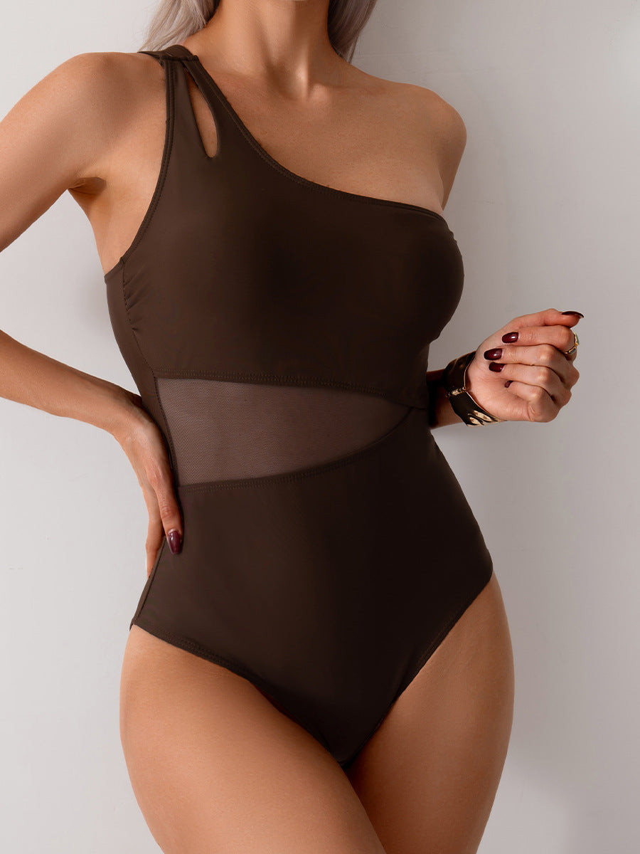 simiswim - Women's One Piece Swimsuits Tummy Control Mesh Patchwork Bathing Suit One Shoulder Adjustable Straps