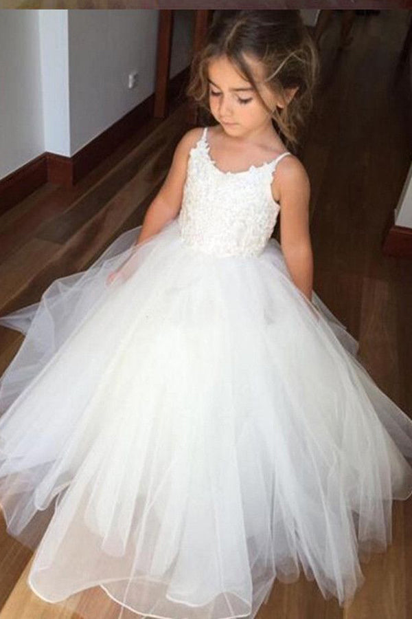 A Line Floor Length Spaghetti Sleeveless Appliques Flower Girl Dresses F28 - Simibridaldresses