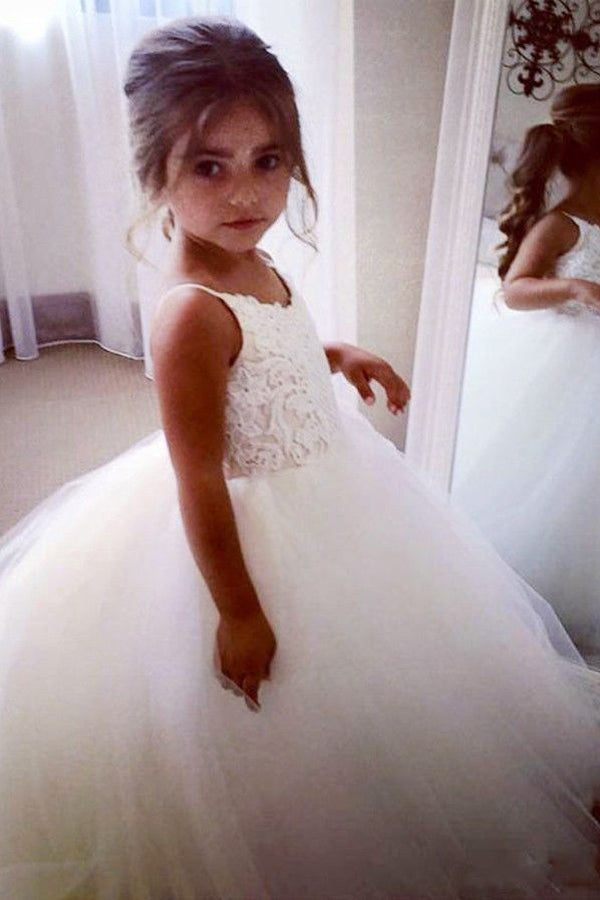 A Line Floor Length Spaghetti Sleeveless Appliques Flower Girl Dresses F28 - Simibridaldresses