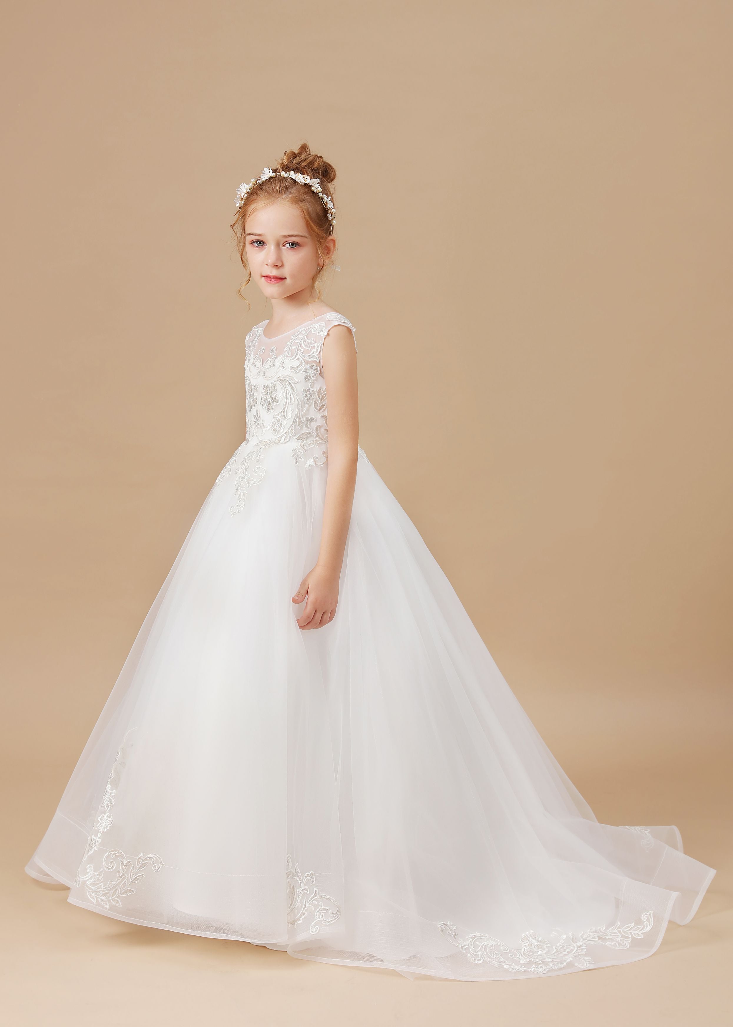 Ivory Sleeveless Applique Sweep trailing Multi-Layer Tulle Flower Girl Dresses