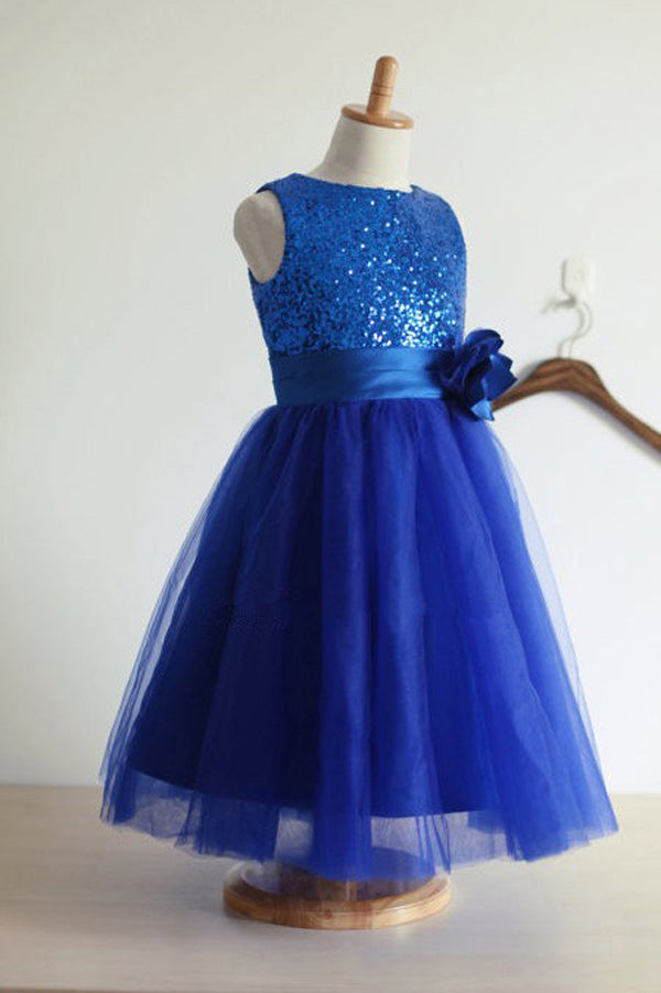 Blue A Line Floor Length Scoop Neck Sleeveless Sequins Flower Girl Dresses,Baby Dress F35 - Simibridaldresses