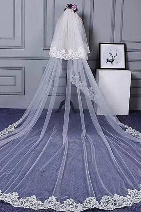 Charming Long Tulle Lace With Appliques Chapel Veils Wedding Veil V21 - Simibridaldresses