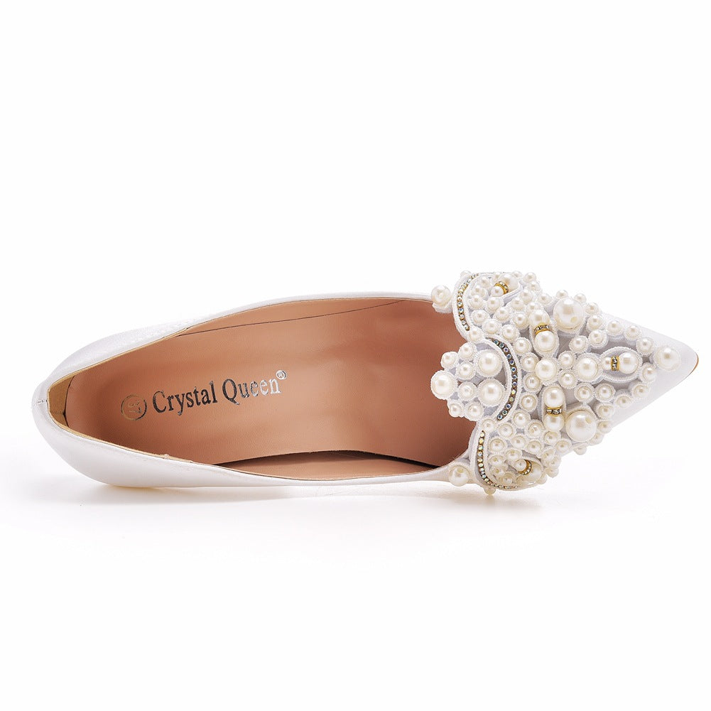 Women's Wedding Shoes Point Toe White Pearl Satin High Heels