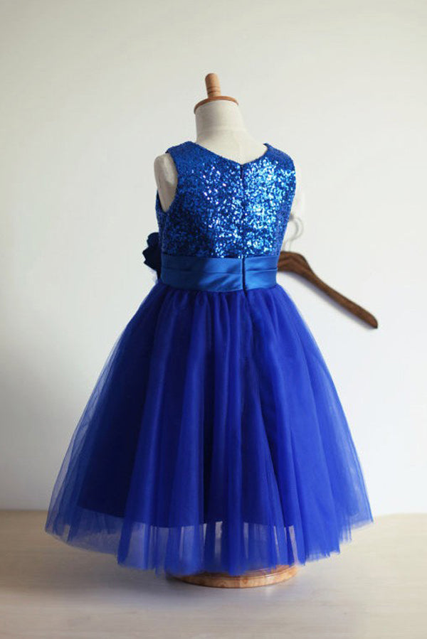 Blue A Line Floor Length Scoop Neck Sleeveless Sequins Flower Girl Dresses,Baby Dress F35 - Simibridaldresses
