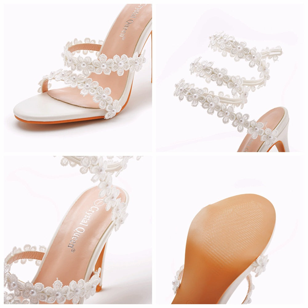 Open Toe White Flower Lace Ankle Wrap Strap Ultra High Heels