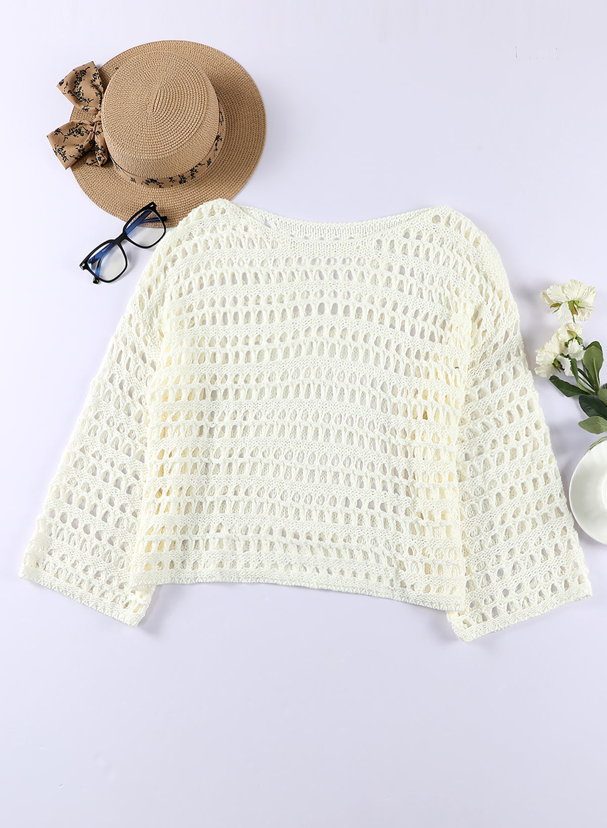 simiswim - White Mesh Knitted Long Sleeve Hollow Sun-proof Round Neck Cover Up