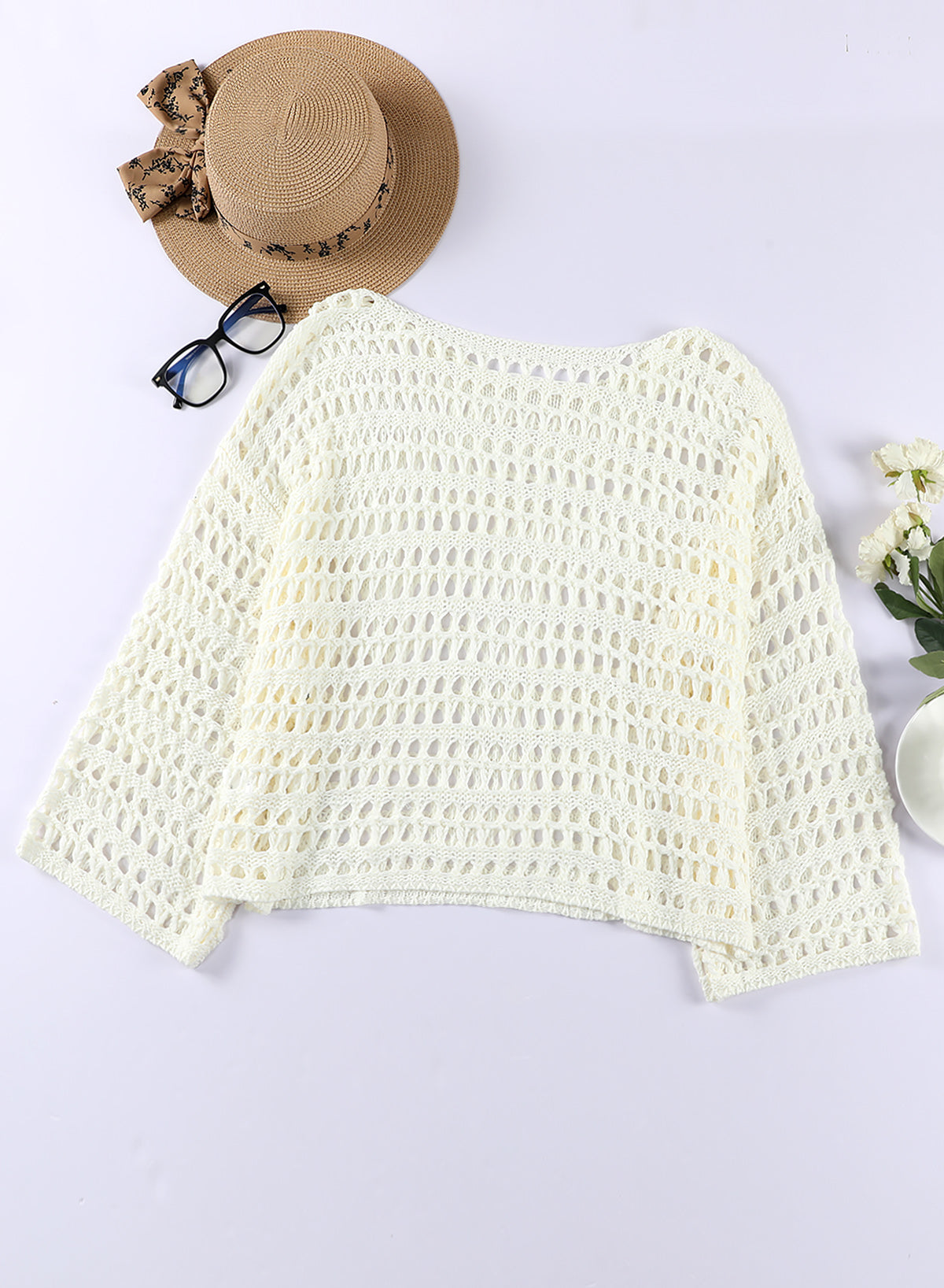 simiswim - White Mesh Knitted Long Sleeve Hollow Sun-proof Round Neck Cover Up