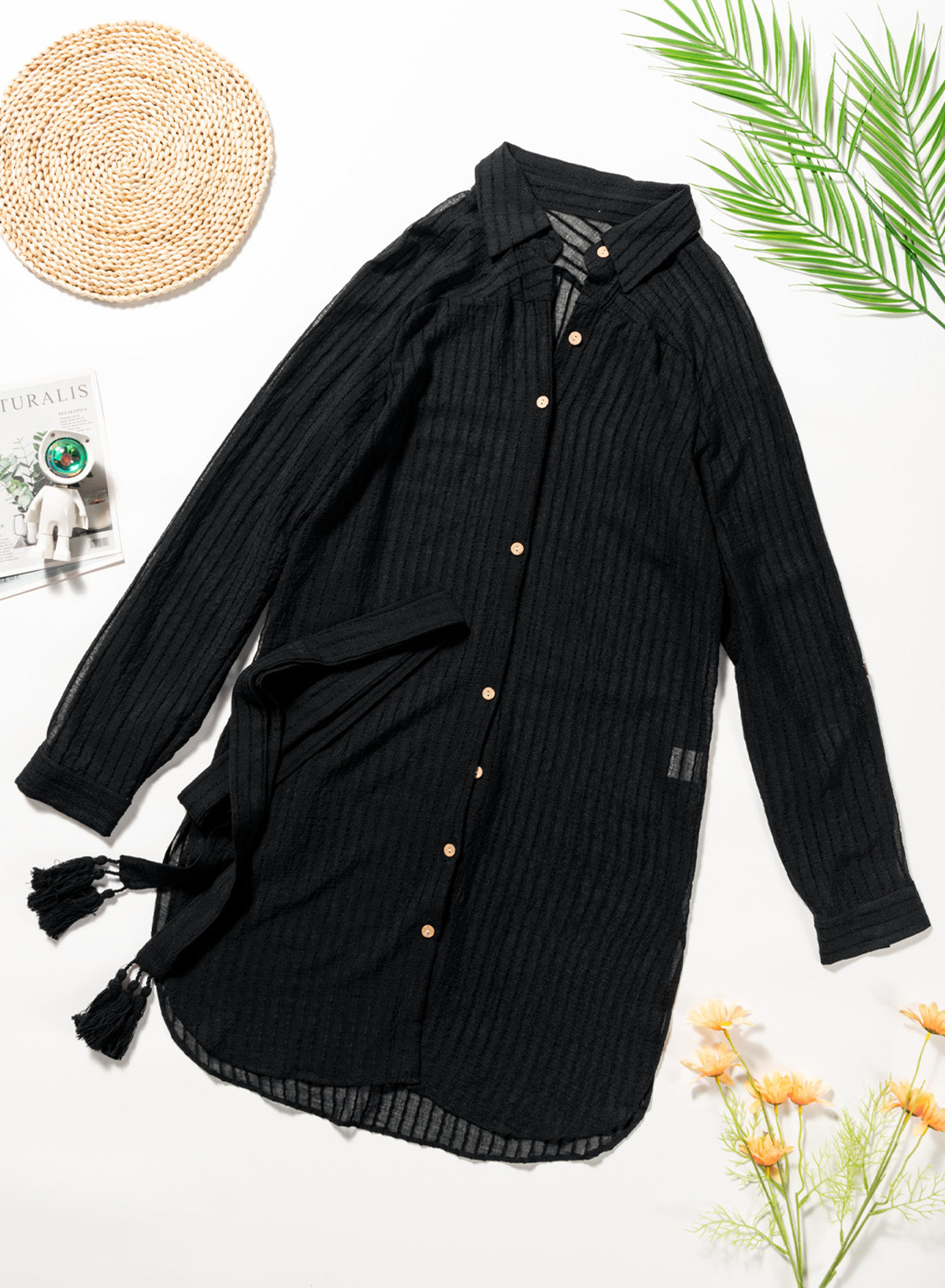 simiswim - Black Solid Color Tie Sun-proof Belt Sexy V Neck Cover Up