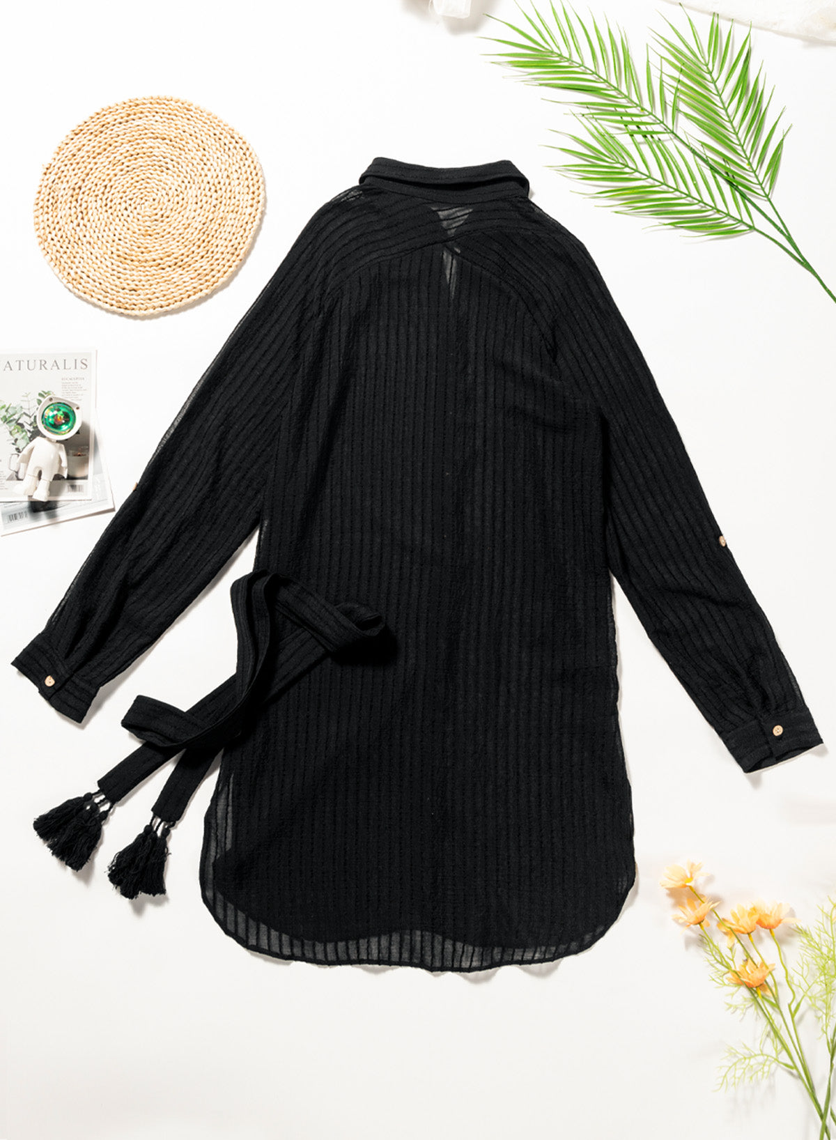 simiswim - Black Solid Color Tie Sun-proof Belt Sexy V Neck Cover Up