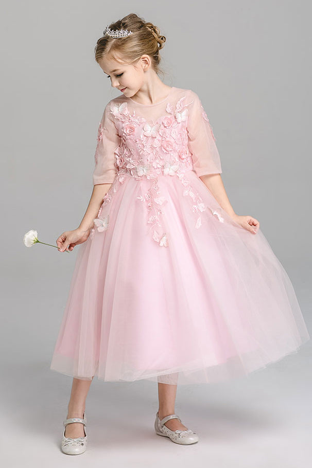 A Line Round Neck 3/4 Sleeves With Appliques Tea Length Flower Girl Dresses F90 - Simibridaldresses