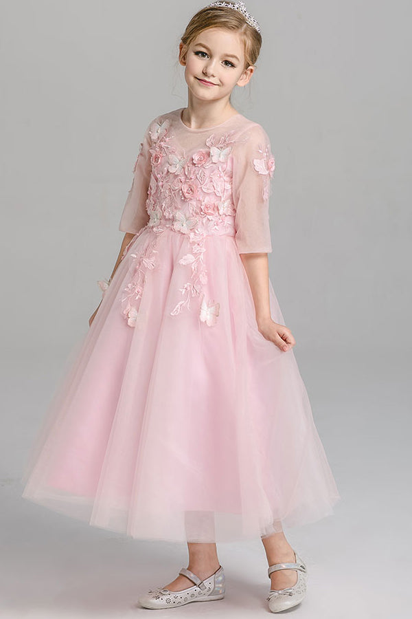A Line Round Neck 3/4 Sleeves With Appliques Tea Length Flower Girl Dresses F90 - Simibridaldresses