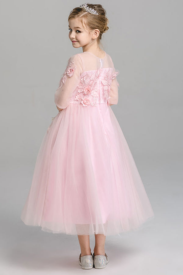 A Line Round Neck 3/4 Sleeves With Appliques Tea Length Flower Girl Dresses F90 - Simibridaldresses