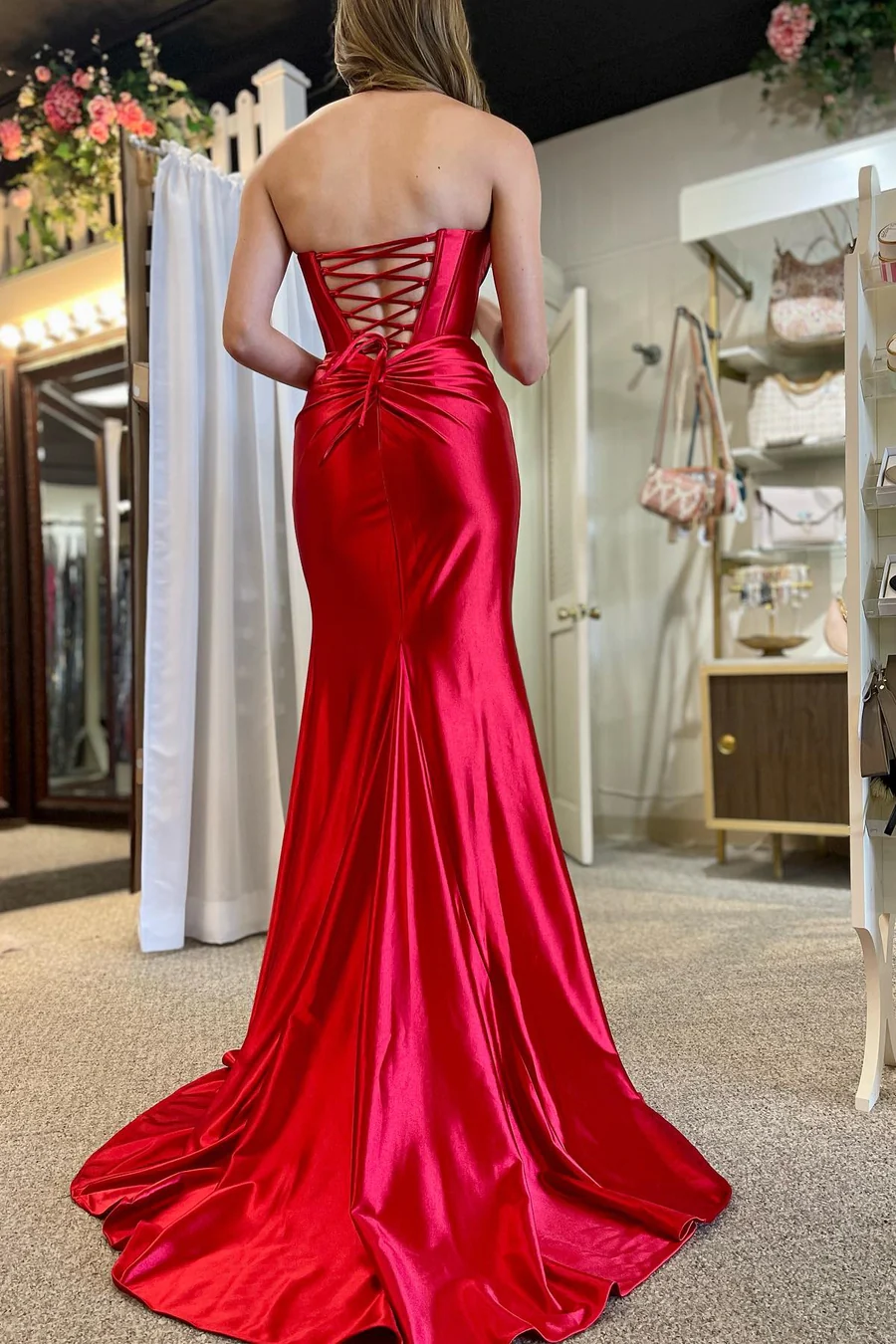 Red Strapless Mermaid Satin Long Dress with Slit