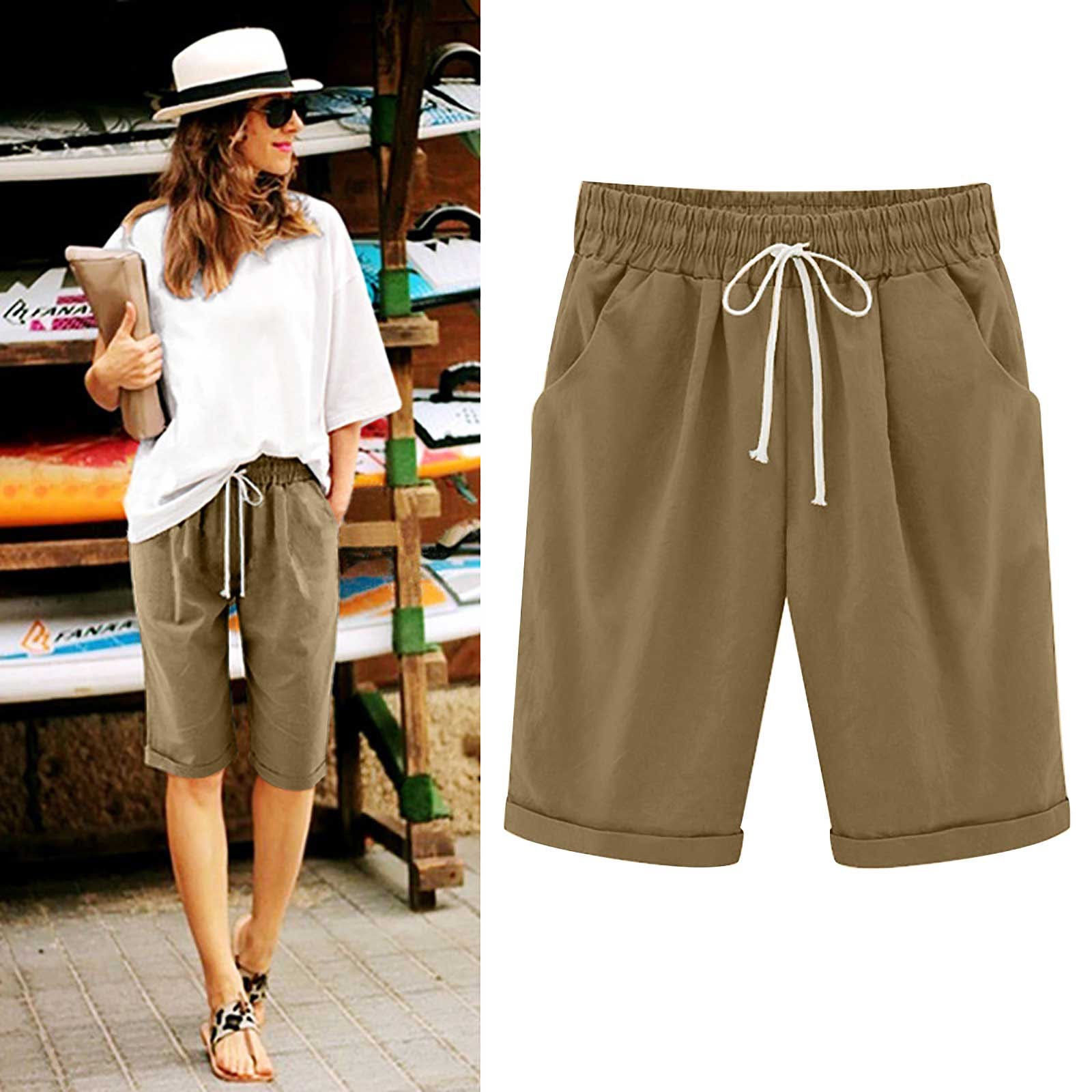simiswim - Women's Elastic Waist Knee Length Casual Cotton Bermuda Shorts with Drawstring
