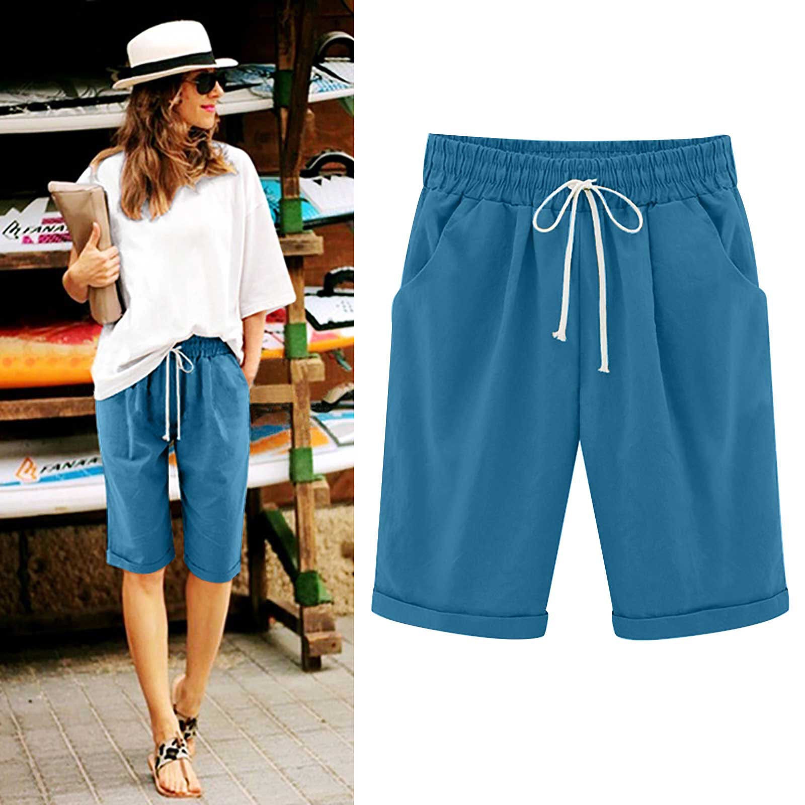 simiswim - Women's Elastic Waist Knee Length Casual Cotton Bermuda Shorts with Drawstring