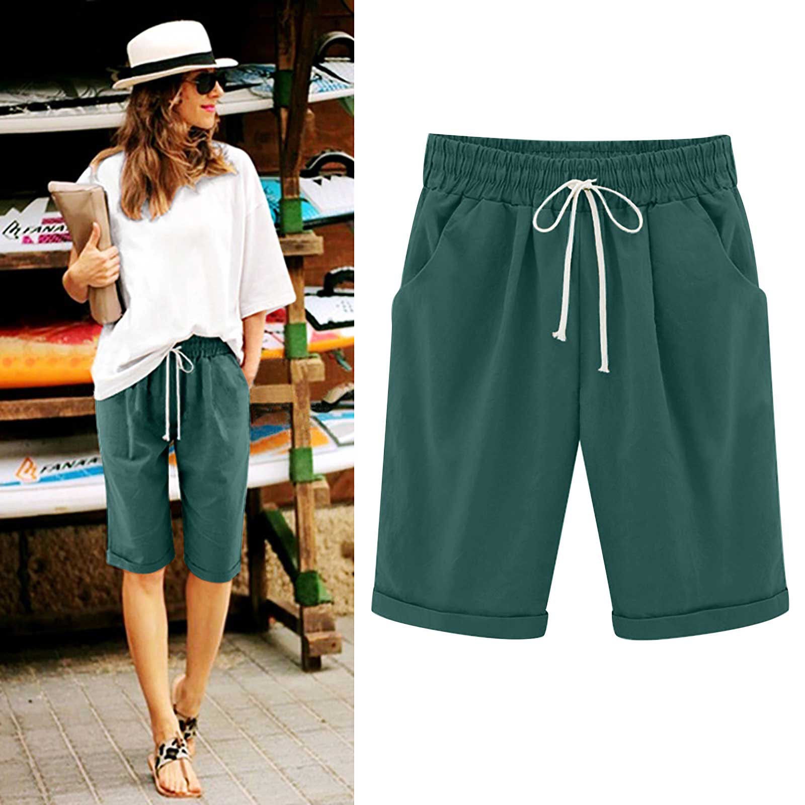 simiswim - Women's Elastic Waist Knee Length Casual Cotton Bermuda Shorts with Drawstring