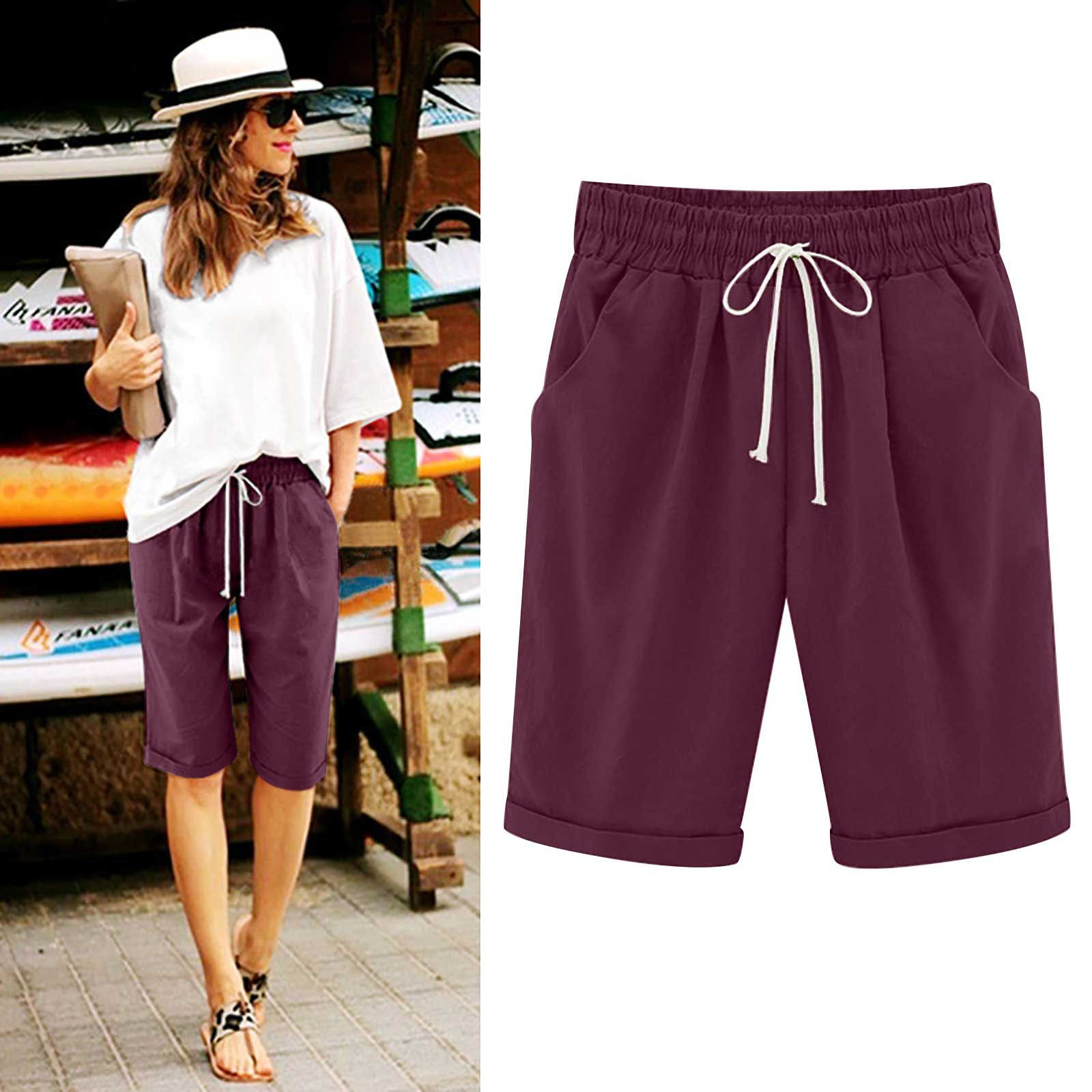 simiswim - Women's Elastic Waist Knee Length Casual Cotton Bermuda Shorts with Drawstring