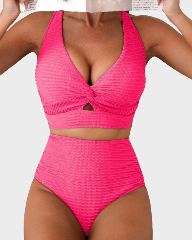 simiswim - Textured Knot-Front High-Waisted Bikini Set