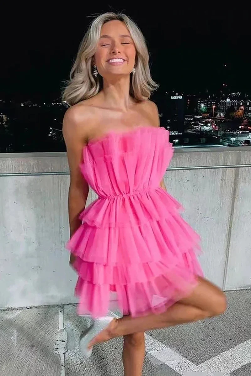 Hot Pink Strapless A-line Short Homecoming Dress