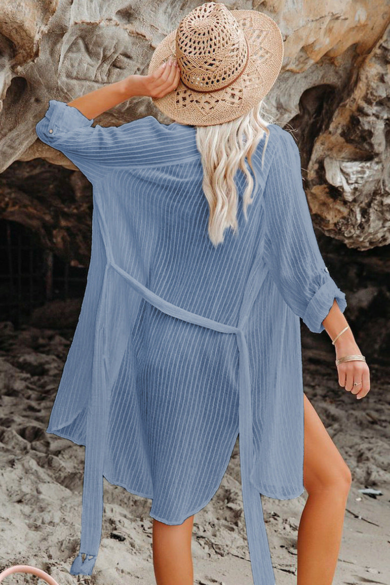 simiswim - Black Solid Color Tie Sun-proof Belt Sexy V Neck Cover Up