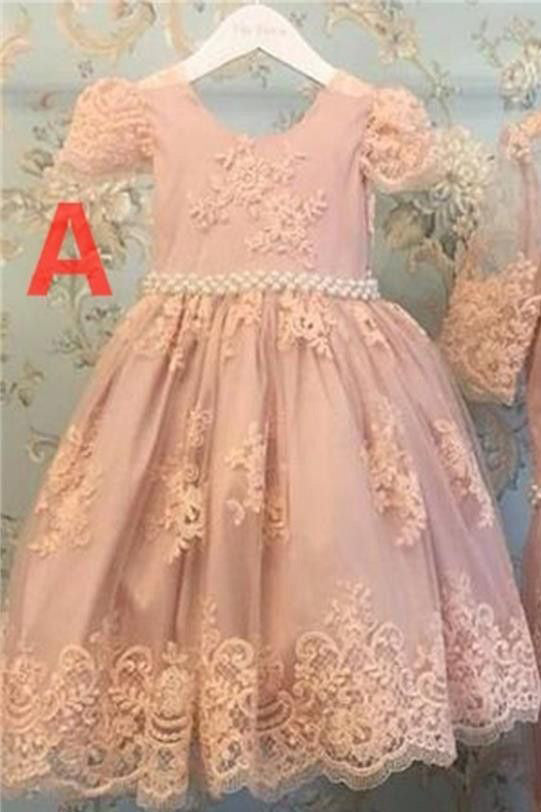 Cute Pink Lace Short Sleeves Beading Flower Girl Dresses,Baby Dresses F41 - Simibridaldresses