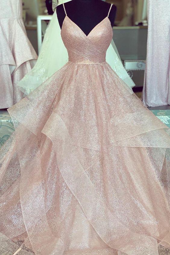 A Line Spaghetti Straps Rose Gold Pleated Bodice Ruffled Princess Long Prom Dresses
