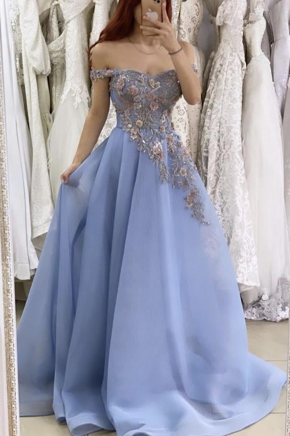 A Line Blue Satin Lace Appliques Evening Party Dress Off the Shoulder Prom Dress