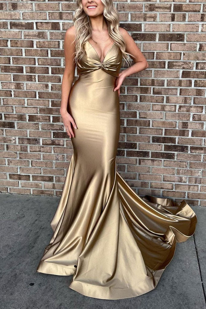 Gold Spaghetti Straps Stunning Formal Evening Dress Mermaid Long Prom Dress