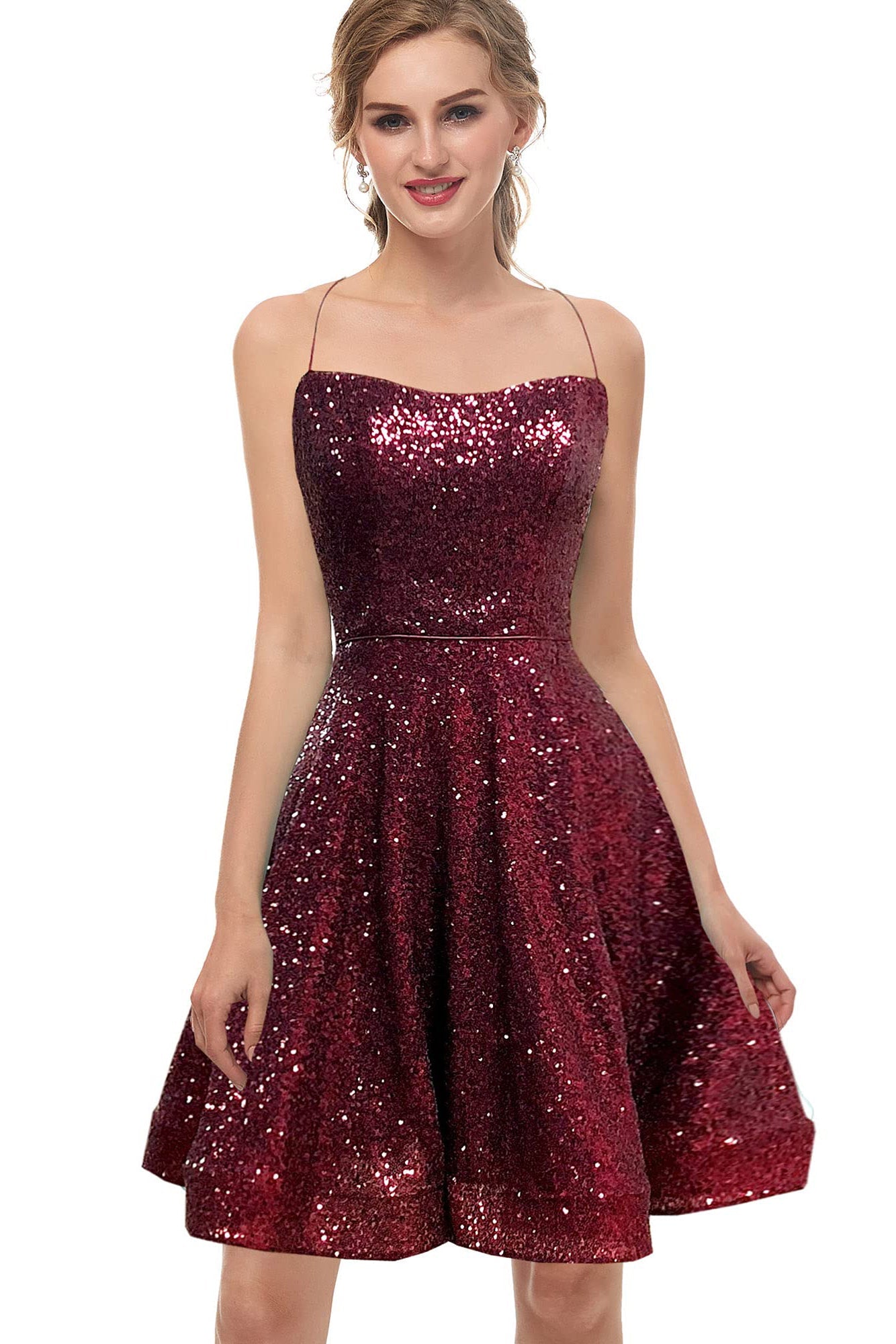 Glitter A Line Straps Sequins Burgundy Short Homecoming Dresses