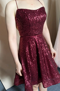 Glitter A Line Straps Sequins Burgundy Short Homecoming Dresses