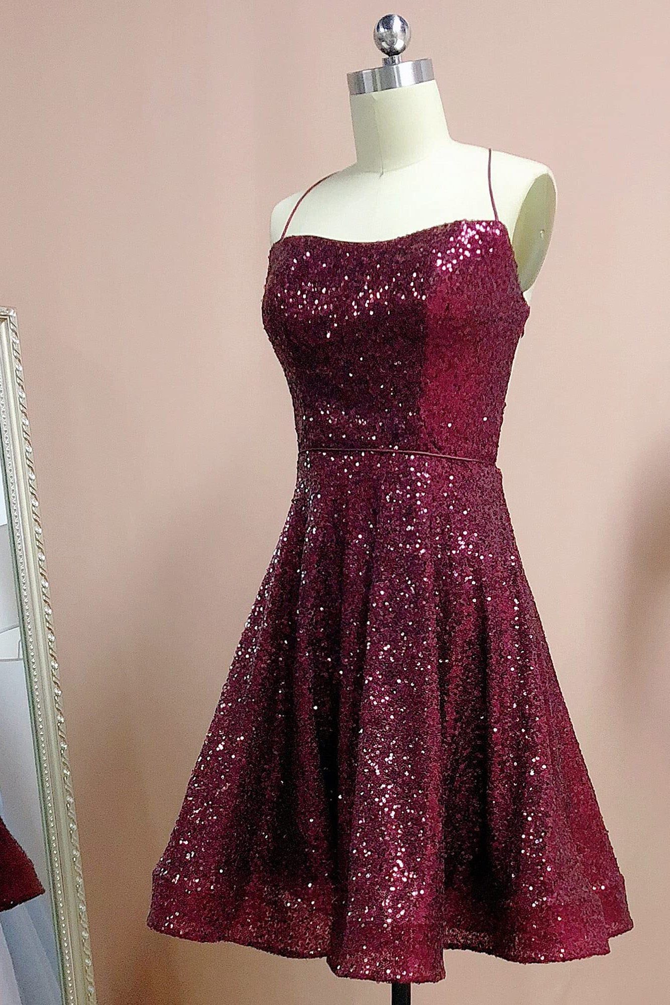 Glitter A Line Straps Sequins Burgundy Short Homecoming Dresses