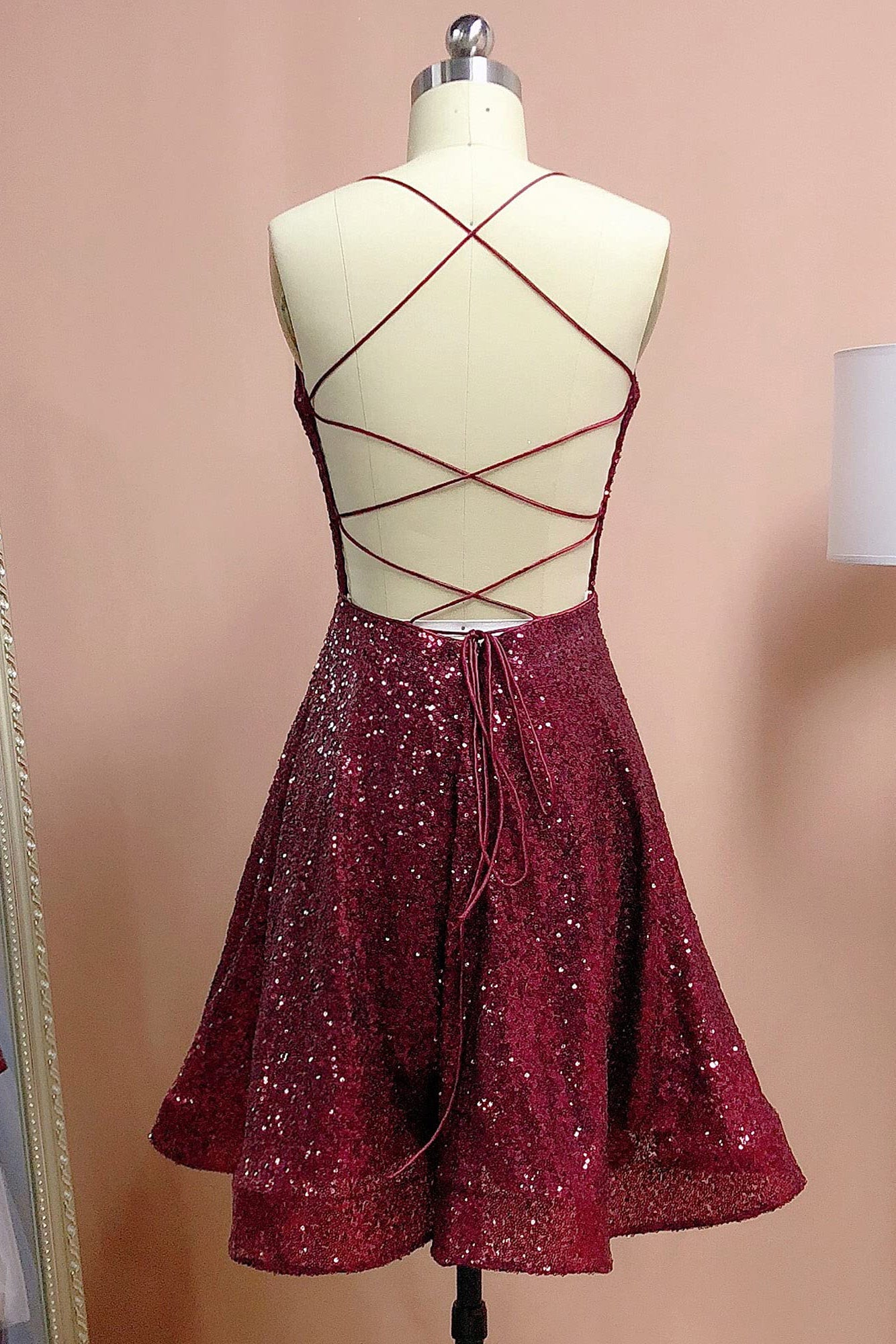 Glitter A Line Straps Sequins Burgundy Short Homecoming Dresses