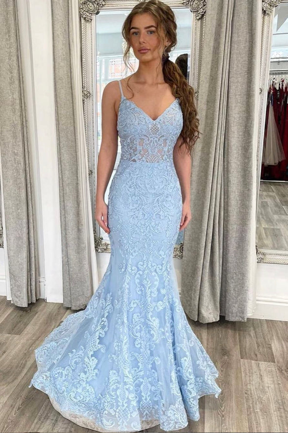 Light Blue Spaghetti Straps Lace Evening Dress Mermaid Long Prom Dress