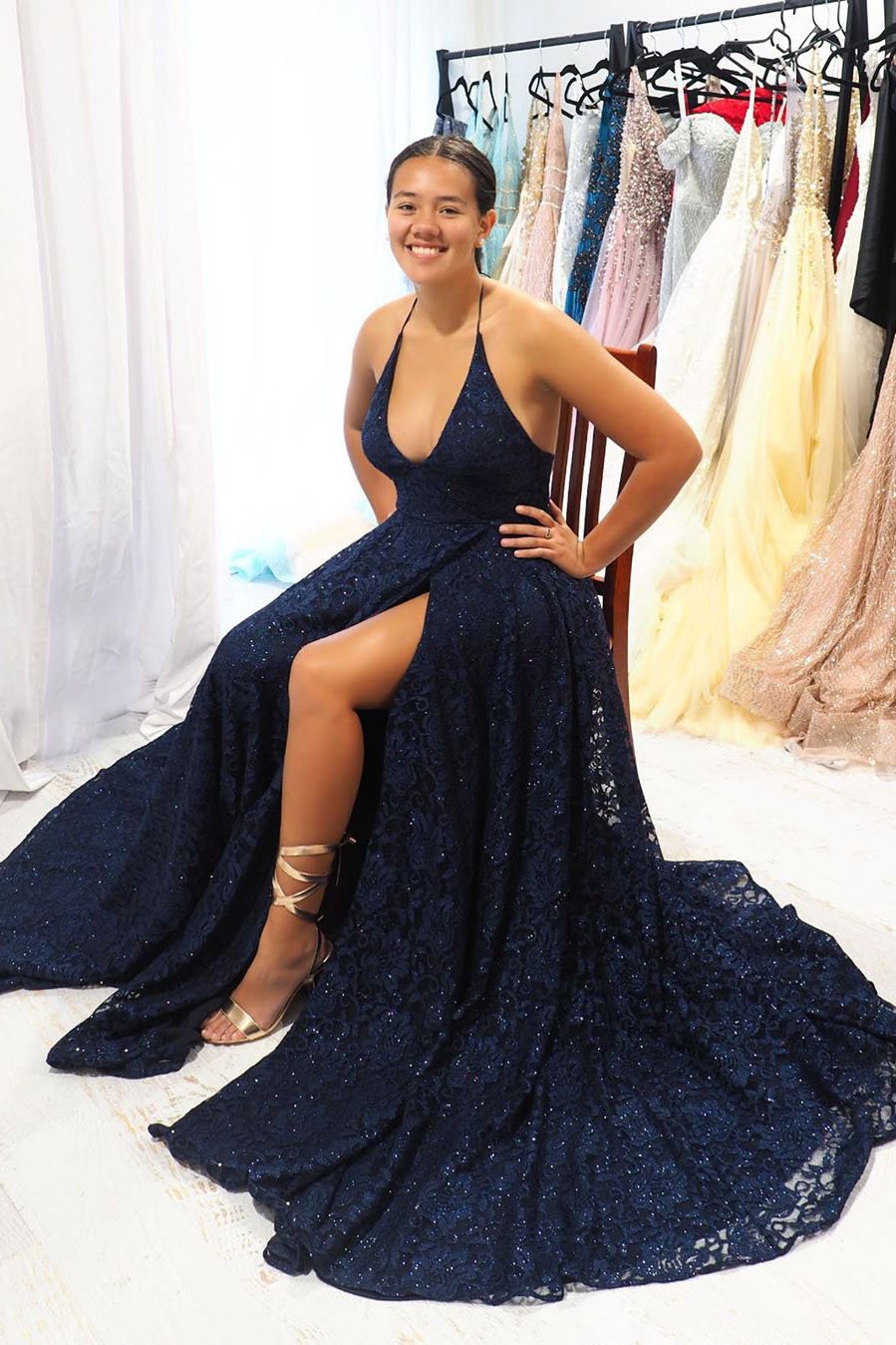 Elegant Navy Blue A-Line Halter Long Backless Lace Evening Dress with Slit Prom Dress