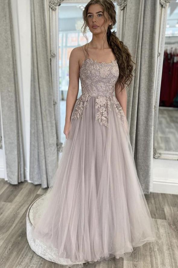 A-Line Tulle Lace Appliques Long Flooe Length Formal Evening Dress A-Line Prom Dress