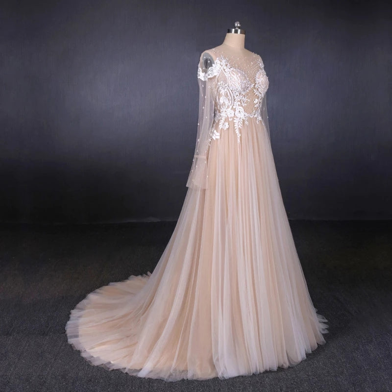 Sexy Sheer Neck Long Sleeves Tulle Wedding Dresses Charming Tulle Bridal Dresses with Lace N2307