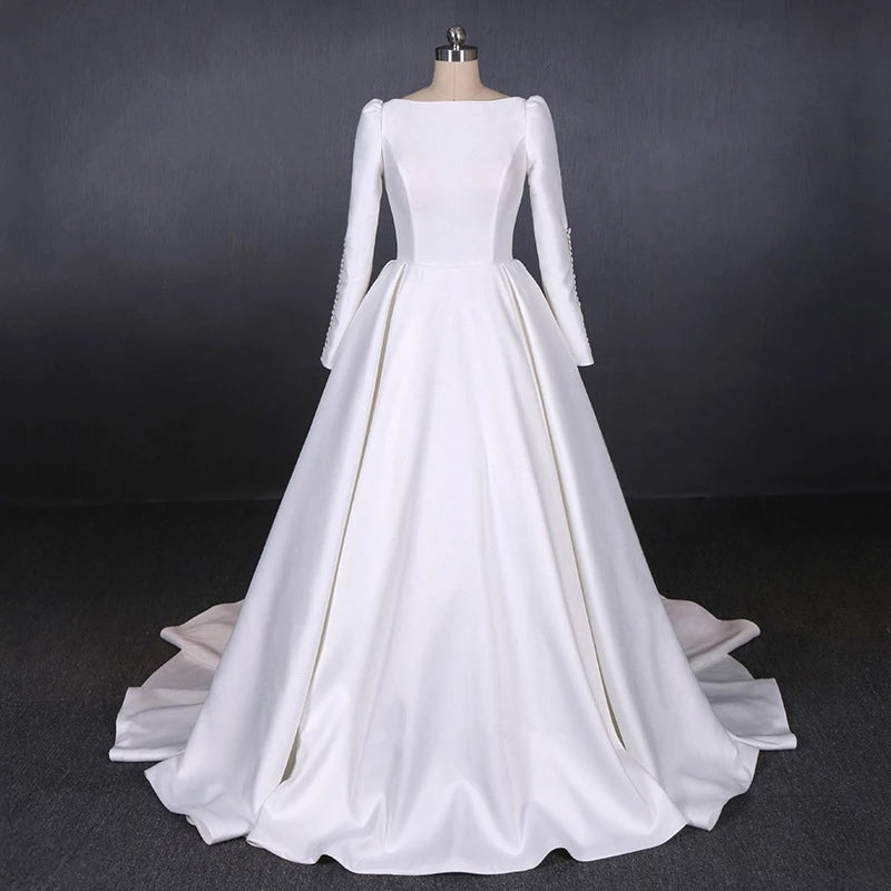 Long Sleeves Satin White Wedding Dresses Backless Bridal Dresses N2301