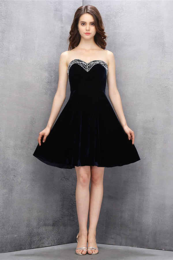 Sweetheart Dark Navy Flannel Beading Homecoming Prom Dresses ED76