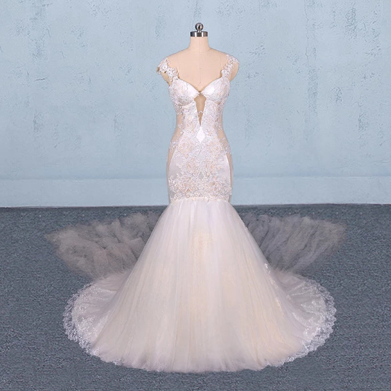 Gorgeous Mermaid Tulle Wedding Dresses Chapel Train Long Bridal Gown N2303