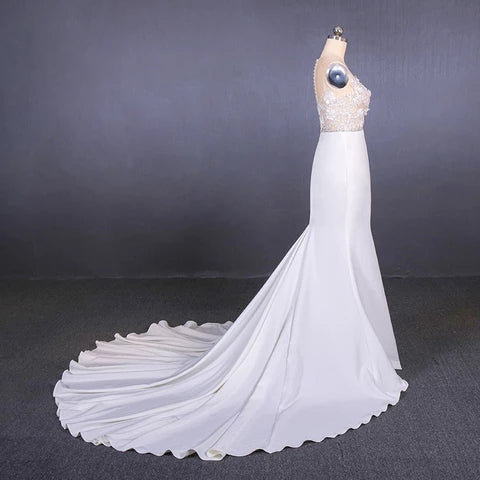 Sheer Neck Mermaid Long Wedding Dresses with Appliques Long Bridal Dresses N2304