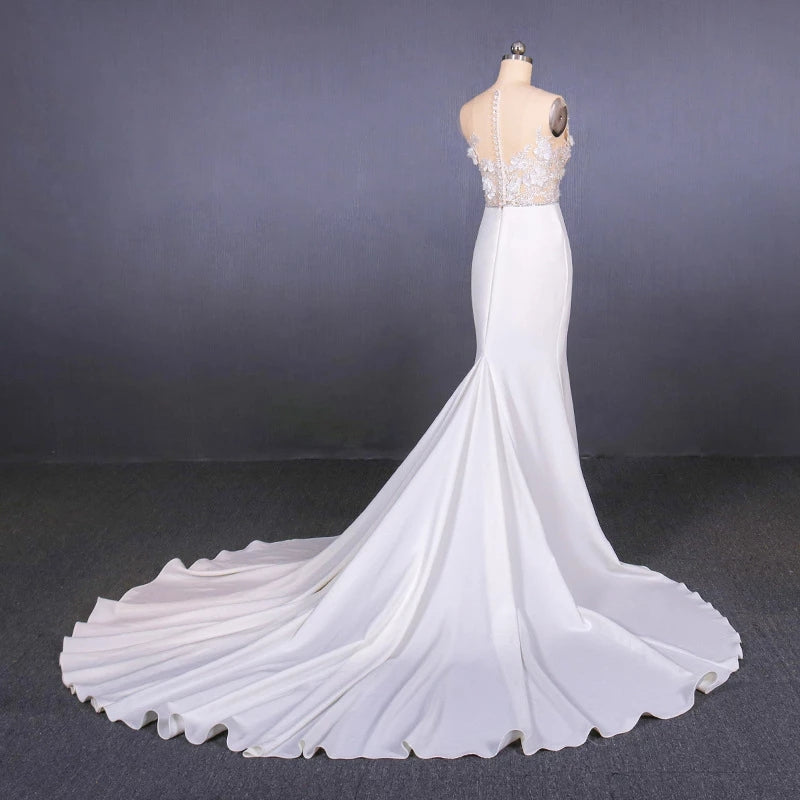 Sheer Neck Mermaid Long Wedding Dresses with Appliques Long Bridal Dresses N2304