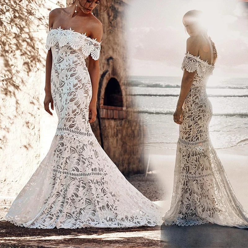 Charming Off the Shoulder Lace Bridal Dresses Boho Wedding Dresses Beach Wedding Dresses N2242