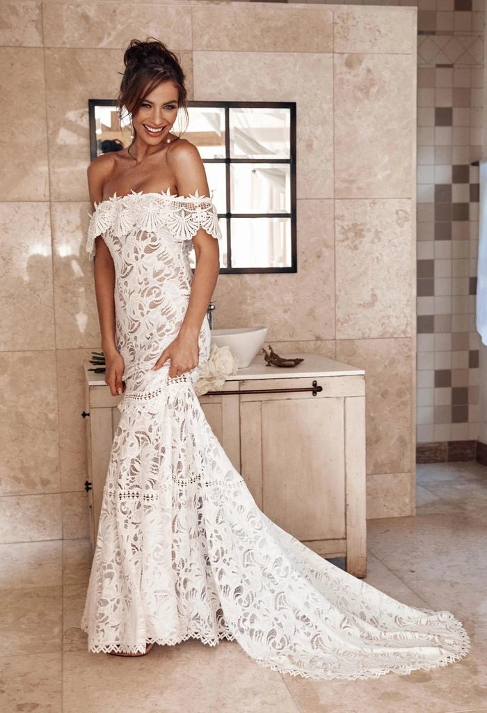 Charming Off the Shoulder Lace Bridal Dresses Boho Wedding Dresses Beach Wedding Dresses N2242